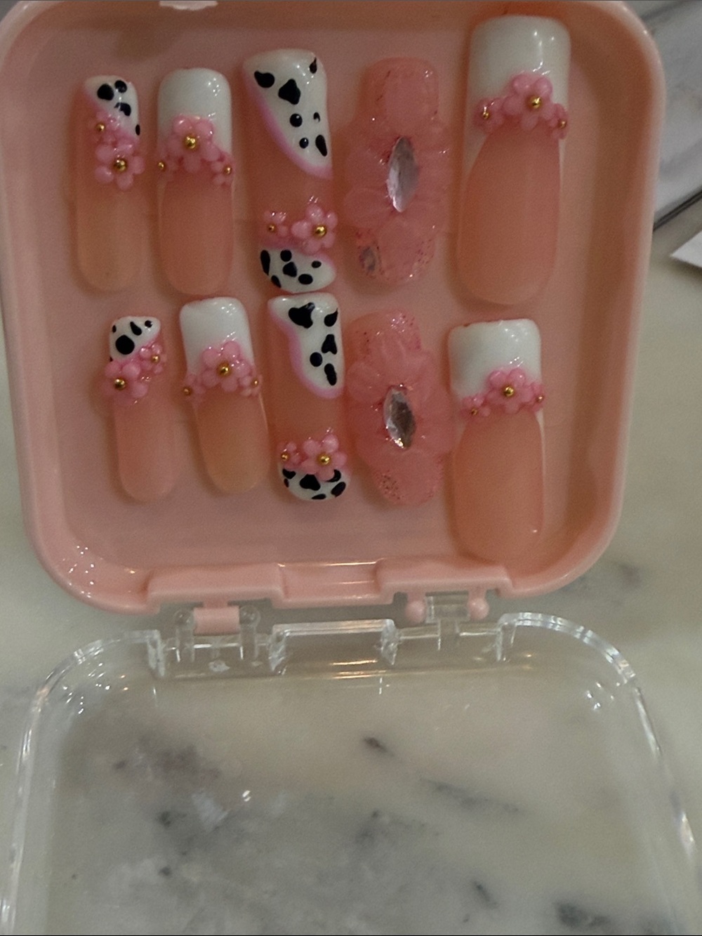 Pink Floral & Black Cow Print Press-On Nails - Elegant women Size Small Set